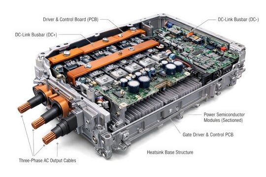 Electric Vehicle Power Inverter Cutaway Diagram with Technical Callouts
