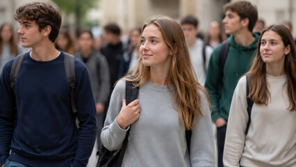 Obraz premium Group of young students with backpacks walking on a university campus.