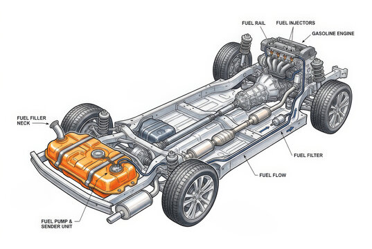 Internal Combustion Engine Fuel System Chassis Diagram with Technical Callouts in Marker Style
