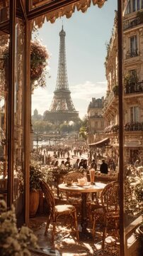 Aesthetic romantic morning view of the Eiffel tower from a cozy cafe window in Paris. Vertical background video ideal for luxury travel and lifestyle stories.