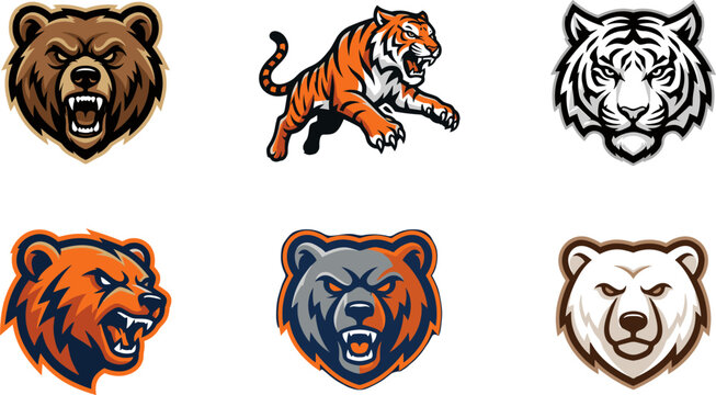 Animal mascot illustration collection featuring bear and tiger logos, sports team graphics, aggressive expressions, bold line designs, and identity concepts