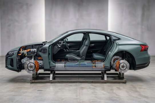 Photorealistic Side Cutaway of an Electric Sedan Platform