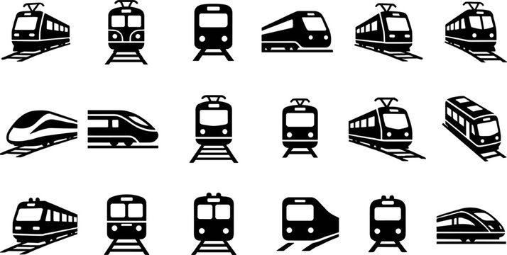 Black train silhouette icon collection featuring high‑speed, subway, commuter, and locomotive designs for transportation and travel graphics