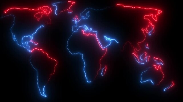 Neon glowing red and blue world map icon animation in the black background.Motion graphics of concept..