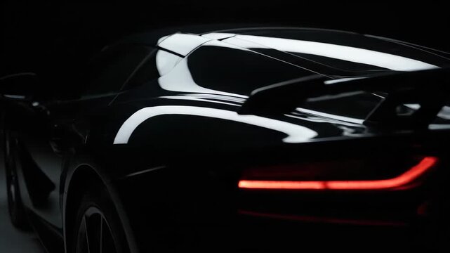 Sleek black sports car with glowing red taillights in dramatic studio lighting. Perfect for automotive branding, luxury reveals, tech showcases