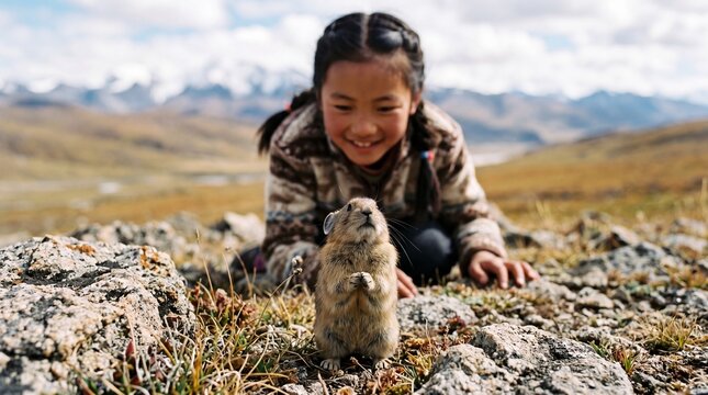 A small pika stands upright on rocky terrain while a young Himalayan girl looks on with a joyful smile. The crisp alpine scene conveys a delightful sense of harmony and discovery.