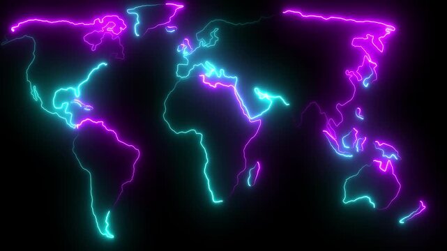 Neon glowing cyan and pink world map icon animation in the black background.Motion graphics of concept..