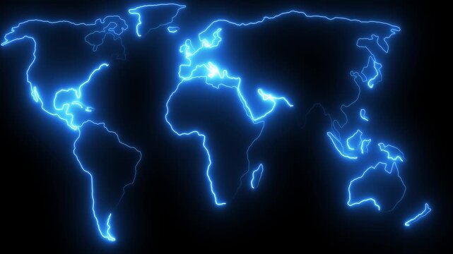 Neon glowing Blue world map icon animation in the black background.Motion graphics of concept..