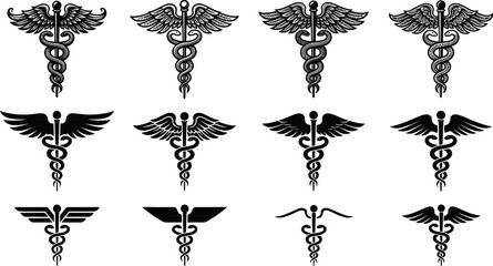 Fototapeta premium Caduceus symbol illustration collection featuring stylized serpents and wings representing medicine, healthcare, commerce, and classical mythology themes