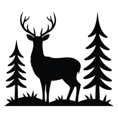 Deer silhouette with pine trees in forest landscape showing majestic buck with large antlers. © Md