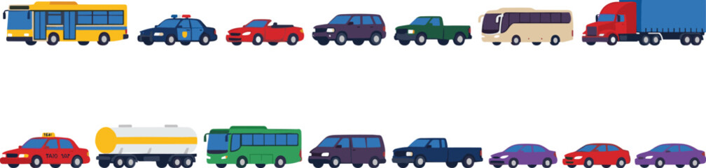  Colorful City Traffic and Vehicle Collection Set with Bus, Police Car, Taxi, Truck, and Multiple Cars for Transportation Design Projects © vector M