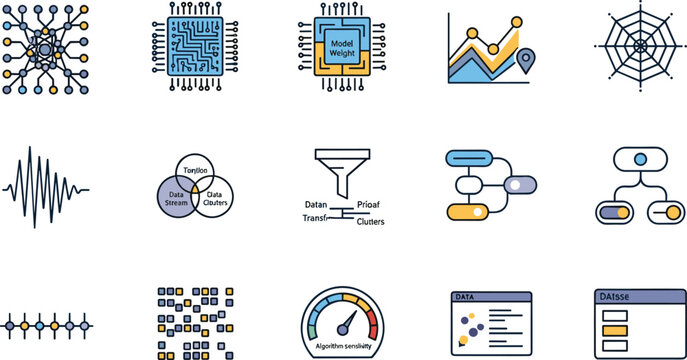 Data science and machine learning algorithms vector icons set with neural networks microchips filtering funnel analytics charts venn diagram and database elements