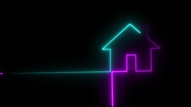 Neon line home icon. Neon line Cool linear animated. black background. animation