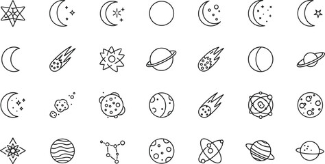 Celestial Moon Planet Star Comet And Galaxy Line Icons Set For Astronomy Space Vector Illustration Design © MDSALIM