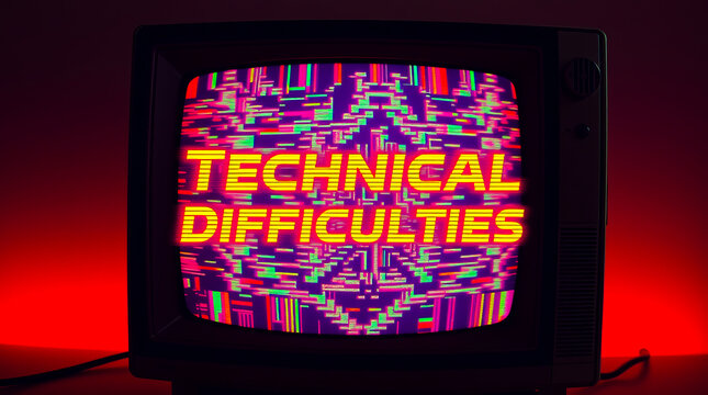 Vintage television screen displaying bright yellow technical difficulties text over a colorful digital glitch pattern in a dark room setting