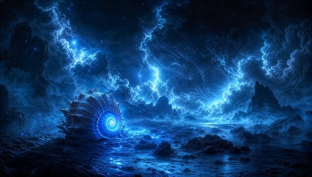 blue abstract background with magic sea sheli