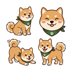 Fototapeta premium Cute shiba inu dog cartoon character set wearing green bandana with sitting playing and smiling poses