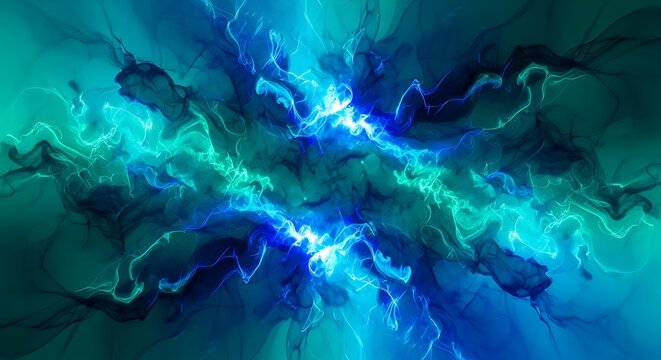 Vibrant blue and teal energy streams form a symmetrical, abstract, cosmic explosion