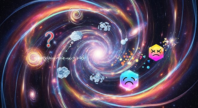 Vibrant cosmic swirl with abstract elements, question marks, and emoticons