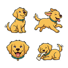 Obraz premium Cute golden retriever puppy cartoon character set with sitting running smiling avatar and chewing bone poses