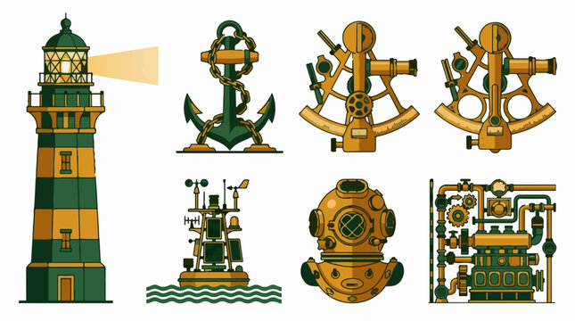 Set of nautical and maritime equipment icons including a lighthouse anchor sextant diving helmet and ship engine in a flat vector illustration style