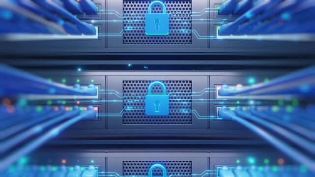 Glowing blue padlock icon on server rack panel with ethernet cables and circuit lines. Cybersecurity and data protection concept for network security, firewall, encryption, and IT infrastructure