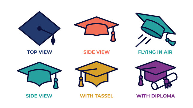 Graduation Day Mortarboard Cap Views &mdash; Top, Side, Flying, Tassel, Diploma Labeled Vector Icon Set