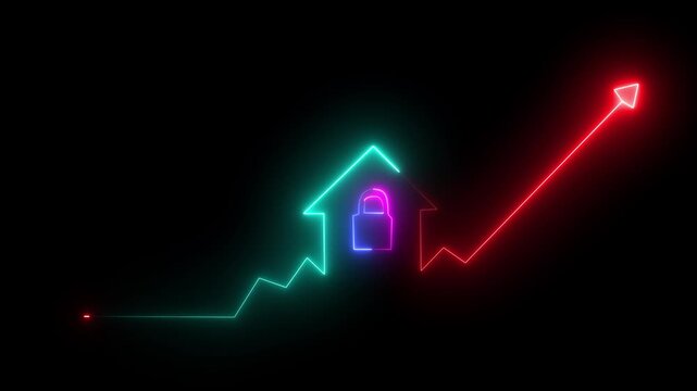 home icon house sign neon lights animation with up arrow charging icon .neon house home building animation.4K video