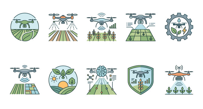 Agricultural drones and smart farming technology icons depict automated crop spraying, field monitoring, and data-driven cultivation.