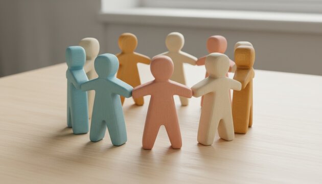 Colorful wooden figurines holding hands in a circle on a wooden table symbolizing unity and teamwork