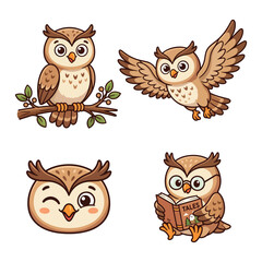 Obraz premium Cute wise blue owl cartoon character set sitting on a branch flying winking and reading story time book