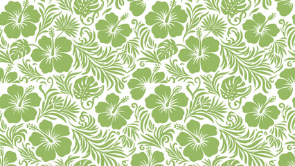Seamless green tropical pattern with hibiscus flowers and palm leaves. © Dijee Art