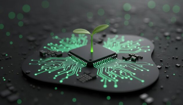 Small green plant sprout grows directly from the center of a black computer microchip with glowing circuit lines