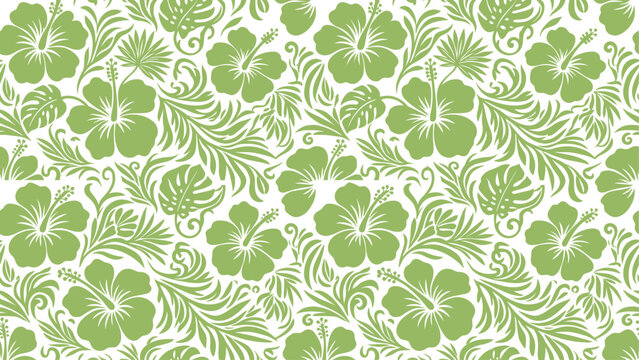 Seamless green tropical pattern with hibiscus flowers and palm leaves.