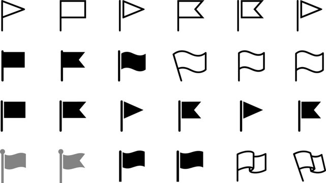 Creative collection of twenty flag icons featuring triangular, rectangular, wavy, and notched designs in modern symbolic illustration style
