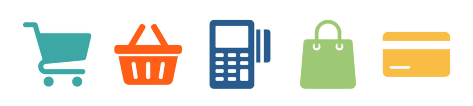 Colorful shopping and payment icons representing retail transactions, online commerce, and modern digital purchasing methods for businesses and consumers in the digital age.