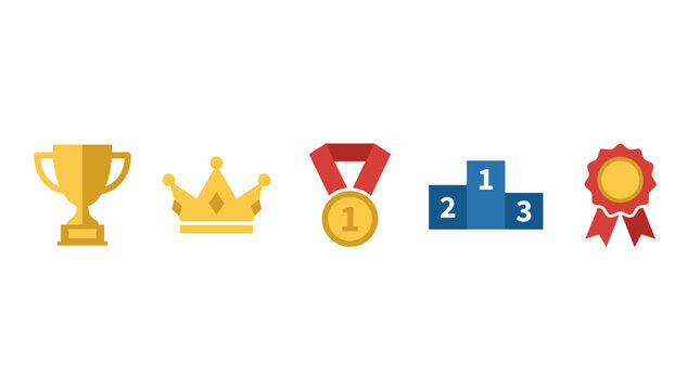 Achievement and success symbols including golden trophy, royal crown, gold medal, winner podium, and red rosette in a flat design style.