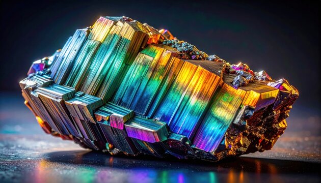 Elongated iridescent bismuth crystal cluster featuring parallel linear metallic ridges and rich rainbow coloration