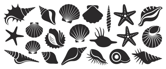Sea Shell Stamp Vector Illustration. Tropical Beach Seashell, Ocean Conch, Spiral Snail, Marine Starfish, Aquatic Mollusk Symbol, Coastal Branding Element, Underwater Artwork © Elizabeth Profit