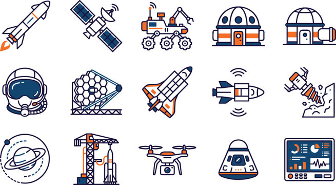 Space exploration vector icons set with rocket satellite mars rover observatory helmet space shuttle drone astronaut habitat and mission control panel