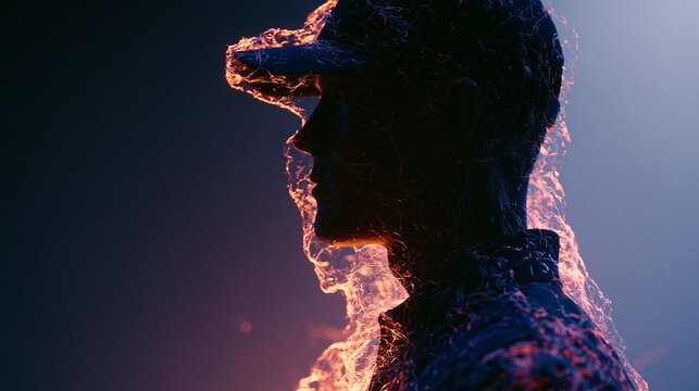 Medium shot of a factory worker silhouette enveloped in glowing microscopic fibers set against a dark gradient background with soft translucent particles and dramatic rim lighting