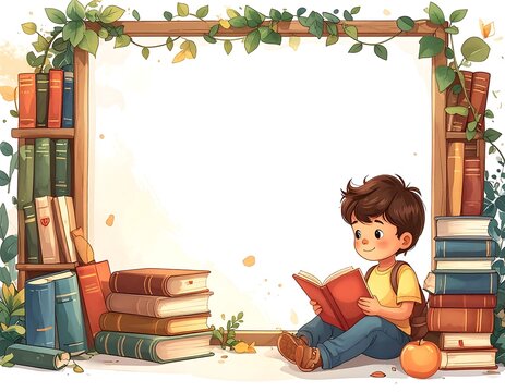 A young child engrossed in a book, framed by a wooden bookshelf and leafy vines, perfect for educational concepts