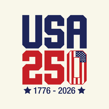 USA 250 years Anniversary logo to celebrate Independence Day of America on 4th July. Fourth of July banner, poster, card. Number 250 typography badge with US flag vector icon.