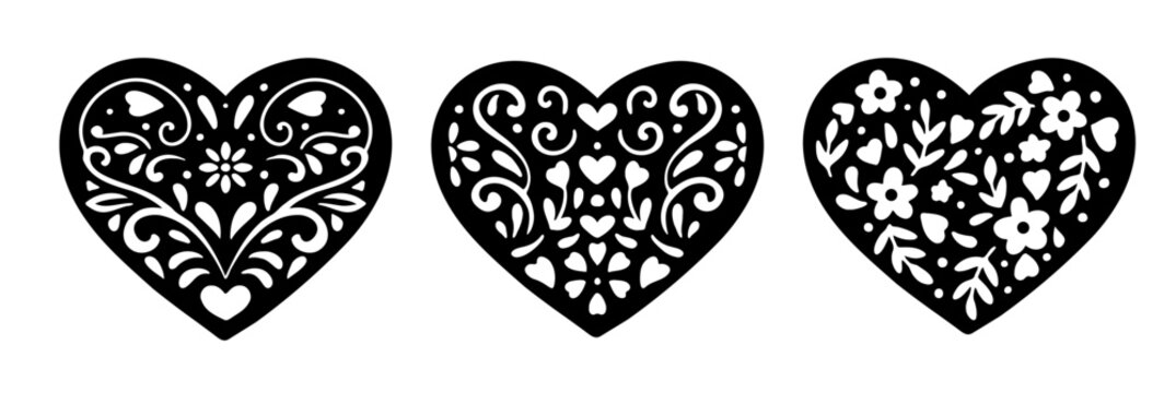 Beautiful floral lace silhouette vector heart. Heart stencil. Wedding and valentine illustration. Cute floral frame pattern