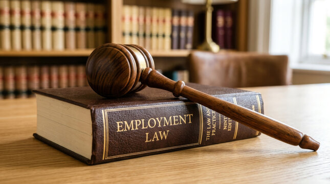 Employment law book with wooden judge gavel, legal justice concept in law firm office, labor rights legislation and workplace regulations