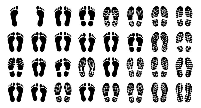 Human Footprints Silhouette Icon Set Male Female Barefoot and Shoe Tracks Vector Collection