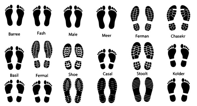 Different Human Footprints and Footstep Icons Male Female Barefoot and Sneaker Track Vector Illustration