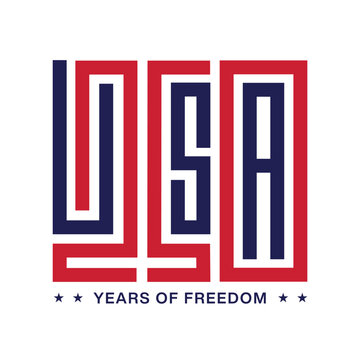 USA 250 years logo with creative typography concept to celebrate Independence Day on 4th July. Perfect for America 250th Anniversary greeting card, banner, poster, template. Red and blue text.