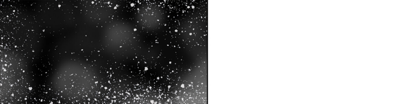 White snow dust particles on black and transparent split background showing realistic winter blizzard effect.