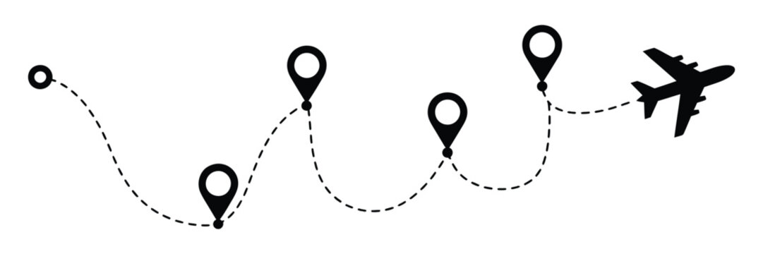 Airplane Route Line Path Vector Illustration with Dotted Flight Trail, Travel Direction, and Destination Navigation.